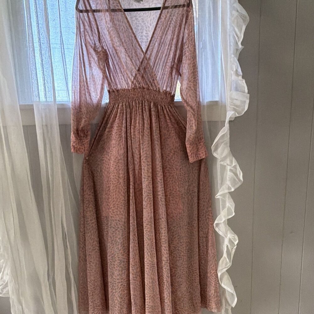 Alexa B Nites Pink Floral Chiffon Smocked Waist V-Neck Midi Dress Size 8